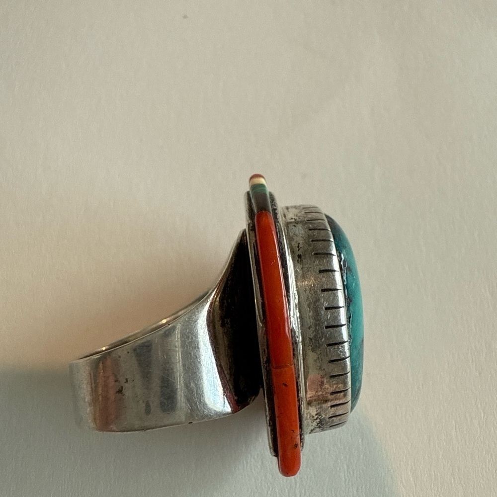 Tony Sanchez Handmade Sterling Silver Turquoise Coral Malachite Jet Ring Size 7 - Picture 7 of 9